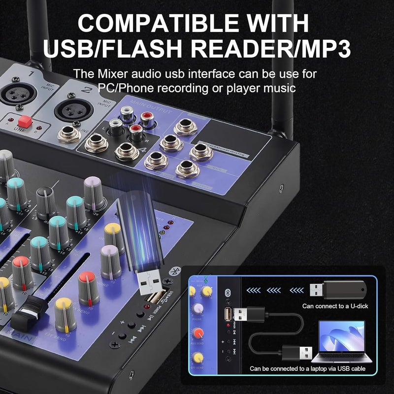 SIKUING Professional Audio Mixer with Dual Wireless Mic, 4 Channel Mixer Board Sound Board DJ Mixer Console System MP3 Bluetooth 48V Phantom Power USB Interface for Home Karaoke Party - Image 5